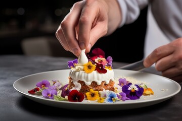 Obraz na płótnie Canvas Photo of a chef garnishing a gourmet dessert with edible flowers. Generative AI