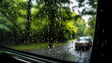 Water drops on glass in car window after rain, water droplets on the car glass surface. Backgrounds scenery outside blurred