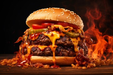Photo of a sizzle burger. Generative AI