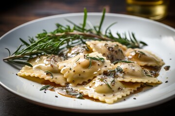 Photo of a plate of handmade ravioli with sage and brown butter. Generative AI - obrazy, fototapety, plakaty