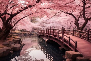 photo of sakura tree park in japan. Generative AI