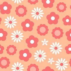 Peach floral seamless pattern. Retro groovy flowers. Botanical background, wrapping paper, wallpaper.