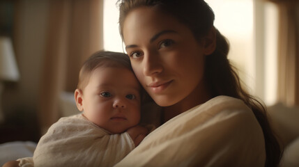 Portrait of young brunette woman holding her baby in her arms while standing next to a window at home.