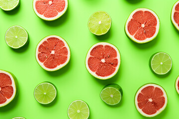 Citrus Fruits Background, concept of healthy eating, dieting, top down flat lay on Green Background