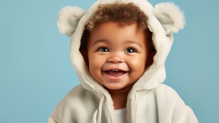 Cute baby in a bathrobe poses on a light blue backdrop.