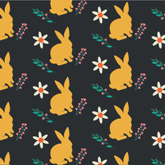 Cute vector yellow bunny seamless pattern with rabbits and flowers in modern minimal style. Chinese new year 2023, Happy Easter black background.Design for banner,wallpaper,card,baby cloth,gift paper.