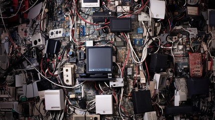 Pile of used electronic waste and garbage for recycling. Concept reuse and recycle. - obrazy, fototapety, plakaty