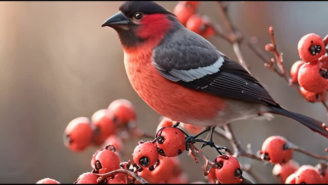 robin bird on red beans branch close up