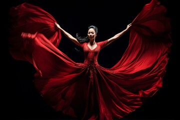 Beautiful Woman in Red Dress Gracefully Performing a Dance on Dramatic Dark Background