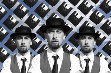Collage with bearded man in hat with a floppy disks on background	