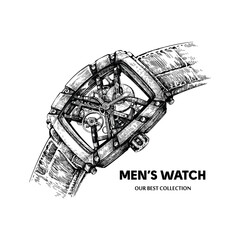 Black and white line art design of man brutal watch. Vector illustration