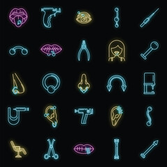 Piercing beauty icons set. Outline set of piercing beauty vector icons neon color on black