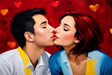 A man and a woman kissing with a little paint on them