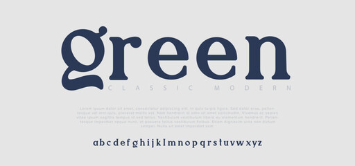 Green modern alphabet. Dropped stunning font, type for futuristic logo, headline, creative lettering and maxi typography. Minimal style letters with yellow spot. Vector typographic design - obrazy, fototapety, plakaty