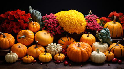 Naklejka na ściany i meble Harvest Elegance Conceptual Autumn Decor Featuring Colorful Pumpkins, Flowers, and Maple Leaves on a Wooden Table 