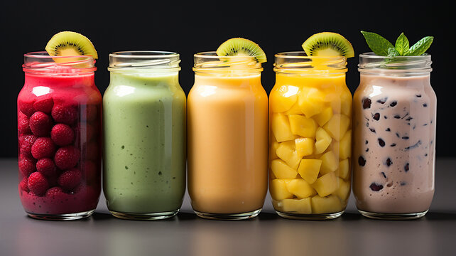 Fresh Fruit, Smoothie Recipes and Presentations Healthy Berry and Tropical Smoothies, Vitamin-packed, Breakfast Smoothie Sets, Colorful Detox Smoothies, Diet and Beauty, Generative AI