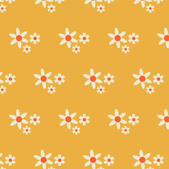 Cute vector pink seamless pattern flowers in modern minimal style yellow background. Design for banner, wallpaper, card, baby  cloth, gift paper. scattered small flowers. Endless girly print.