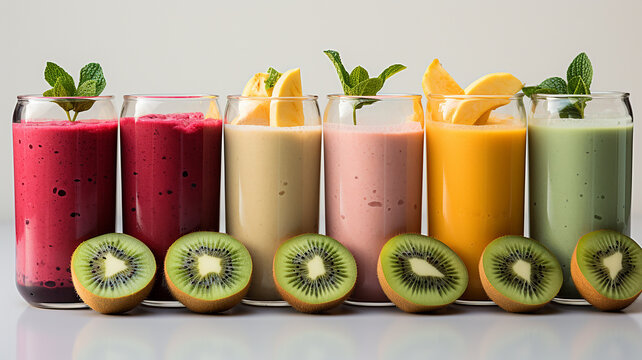 Fresh Fruit, Smoothie Recipes and Presentations Healthy Berry and Tropical Smoothies, Vitamin-packed, Breakfast Smoothie Sets, Colorful Detox Smoothies, Diet and Beauty, Generative AI