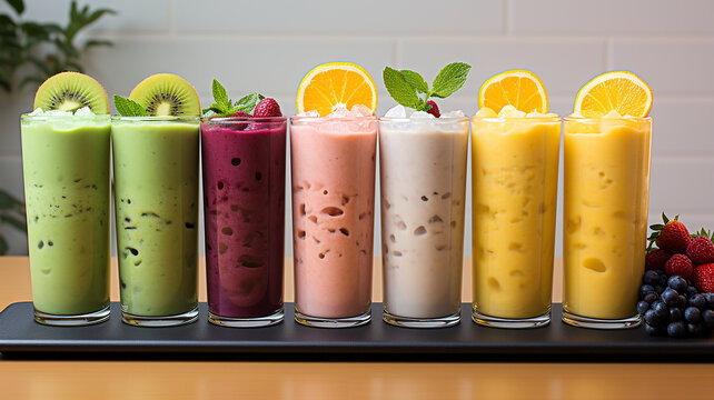 Fresh Fruit, Smoothie Recipes and Presentations Healthy Berry and Tropical Smoothies, Vitamin-packed, Breakfast Smoothie Sets, Colorful Detox Smoothies, Diet and Beauty, Generative AI