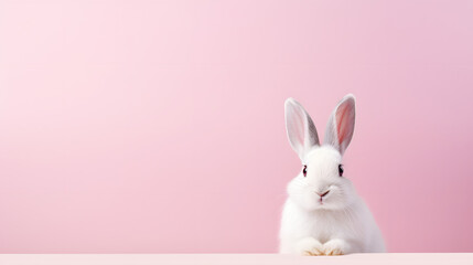 White bunny on pastel pink background - obrazy, fototapety, plakaty