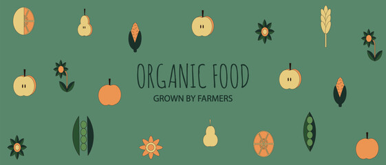 Design horizontal banner with Organic Healthy Food icon in trendy Groovy retrostyle. Eco friendly vegetables. BIO food concept. Vector illustration can used web and social media poster and background.