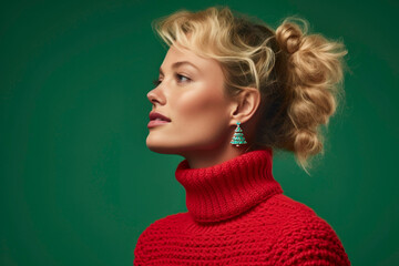 Merry Christmas. Celebrating Christmas holiday. Portrait of young woman wearing red sweater and...