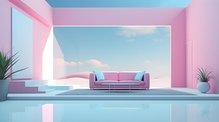 The room features a minimalistic and futuristic design with sofa, flowerpot, pink and blue tones. generative AI