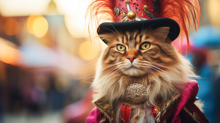 Fototapeta na wymiar Cat in carnival costume on the street during carnival celebration