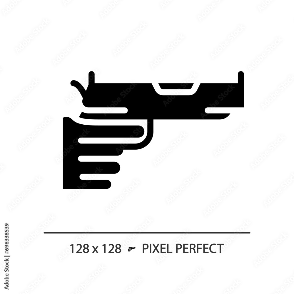 Wall mural 2d pixel perfect glyph style gun in hand icon, isolated vector, flat silhouette illustration represe