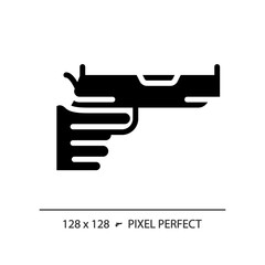 2D pixel perfect glyph style gun in hand icon, isolated vector, flat silhouette illustration representing weapons.