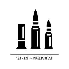 2D pixel perfect glyph style caliber icon, isolated vector, flat silhouette illustration representing weapons.