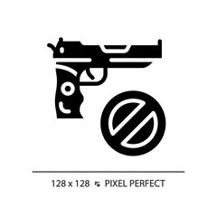 2D pixel perfect glyph style gun control icon, isolated vector, flat silhouette illustration representing weapons.