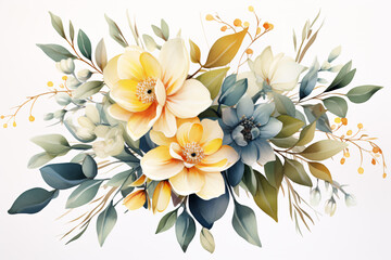 Fototapeta premium Watercolor Flowers Bouquets, illustration with green gold leaves centre on white background for wedding invitations, greetings, wallpapers, fashion, prints 