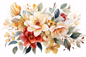 Obraz na płótnie Canvas Watercolor Flowers Bouquets, illustration with green gold leaves centre on white background for wedding invitations, greetings, wallpapers, fashion, prints 