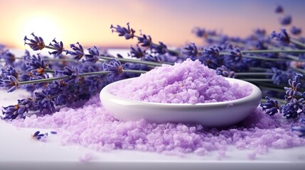 A white background features a lavender blossom and lavender bath salts, herbal, moisturizer, Generative AI.