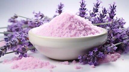 Obraz na płótnie Canvas A white background features a lavender blossom and lavender bath salts, herbal, moisturizer, Generative AI.