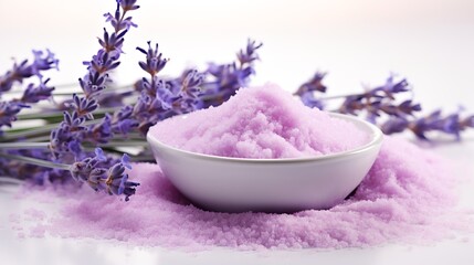 Obraz na płótnie Canvas A white background features a lavender blossom and lavender bath salts, herbal, moisturizer, Generative AI.