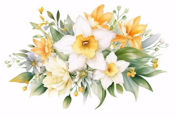 Watercolor Flowers Bouquets, illustration with green gold leaves centre on white background for wedding invitations, greetings, wallpapers, fashion, prints 
