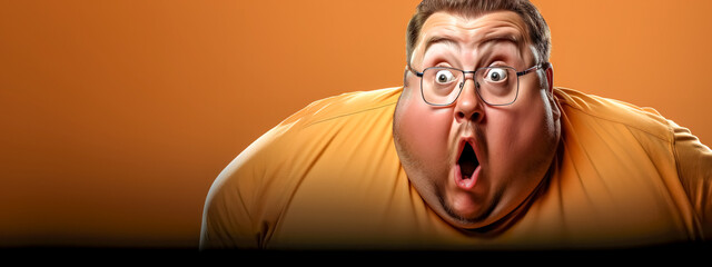 big overweight man, person with a surprised facial expression, wearing glasses and a yellow shirt.