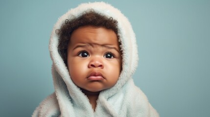 A sad baby, wrapped in a tiny bathrobe, against a light blue studio backdrop.