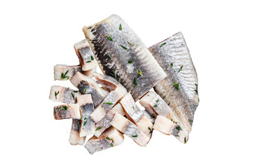 Pickled marinated herring fish sliced fillet Transparent background. Isolated.