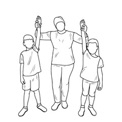 Sketch outline of mom with son and daughter, winners, hands up, isolated vector