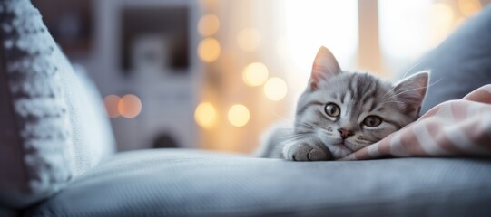 A touching portrait of a gray kitten lying on a blue sofa in the living room, banner - obrazy, fototapety, plakaty