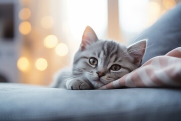 Touching portrait of a gray kitten lying on a blue sofa in the room.
