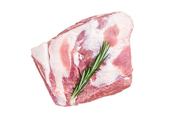 Pork Neck raw meat piece on wooden cutting board.  Transparent background. Isolated.
