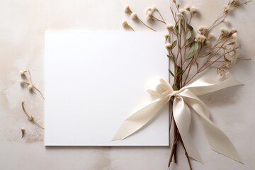 A white card with a bow and a flower