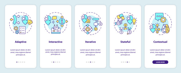 2D icons representing cognitive computing features mobile app screen set. Walkthrough 5 steps multicolor graphic instructions with thin line icons concept, UI, UX, GUI template.