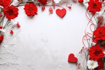 A white background with red flowers and hearts