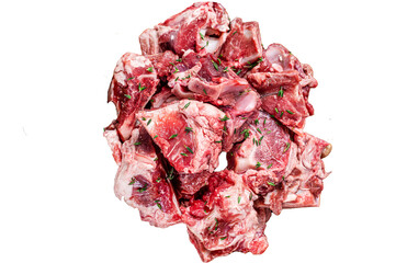 Raw mutton meat diced for goulash or stew with bone  Transparent background. Isolated.