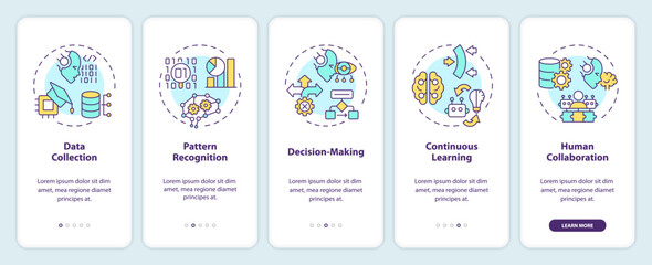 2D icons representing cognitive computing work mobile app screen set. Walkthrough 5 steps colorful graphic instructions with thin line icons concept, UI, UX, GUI template.